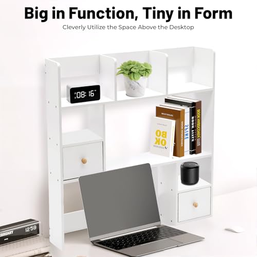 Desktop Bookshelf, 31.5" Tall Countertop Storage Hutch with 7 Compartment and 2 Drawer, Desk 3-Tier Display Rack, Multipurpose Wood Desktop Hutch Storage Organizer for Dorm Office Home (White)