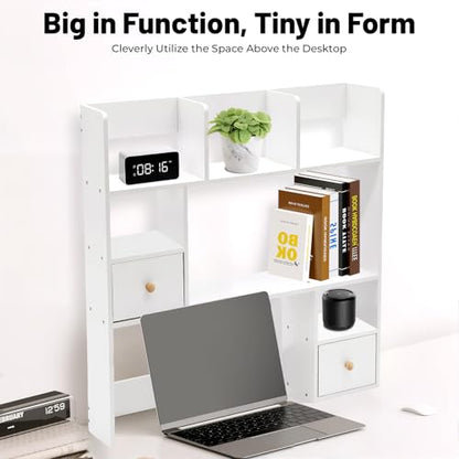 Desktop Bookshelf, 31.5" Tall Countertop Storage Hutch with 7 Compartment and 2 Drawer, Desk 3-Tier Display Rack, Multipurpose Wood Desktop Hutch Storage Organizer for Dorm Office Home (White)