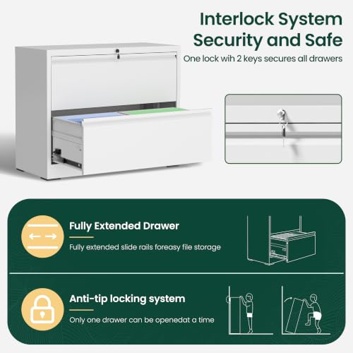 2 Drawer Lateral File Cabinet, Metal Filing Cabinet for Home Office, White | Heavy-Duty Steel Locking File Cabinet, Hanging Letter/Legal/A4 Size, Full-Extension Drawer, Assembly Required - color: White, size: 2 Drawers (35.43 in Width)