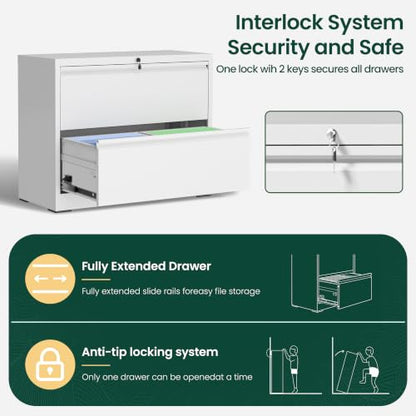 2 Drawer Lateral File Cabinet, Metal Filing Cabinet for Home Office, White | Heavy-Duty Steel Locking File Cabinet, Hanging Letter/Legal/A4 Size, Full-Extension Drawer, Assembly Required - color: White, size: 2 Drawers (35.43 in Width)