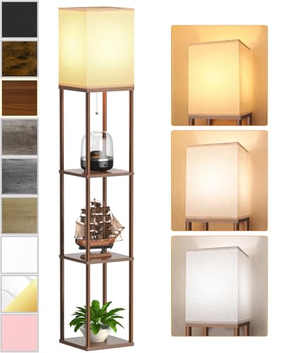 Floor Lamp with Shelves for Living Room Walnut Brown, Shelf Floor Lamp with 3 CCT LED Bulb, Corner Display Standing Column Lamp Etagere Organizer Tower Nightstand with White Linen Shade for Bedroom - color: Walnut Brown