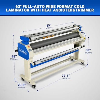 65" Full-Auto Cold & Heat Assisted Laminator Machine with 4 Trimmers, Max Speed 40ft/min, 63" Max Width, 1.1" Max Thickness, Infrared Heating, (Requires Air Compressor, Not Included),1700-B1
