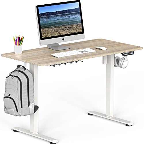 SHW 48-Inch Electric Height Adjustable Sit to Stand Desk, Maple | with Hanging Hooks and Cable Management, White Frame and Maple Top - color: Maple, size: 48-Inch