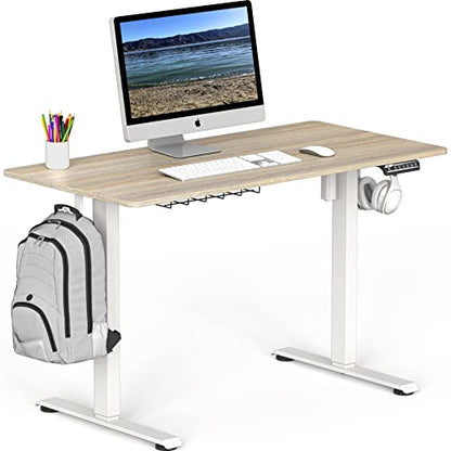 SHW 48-Inch Electric Height Adjustable Sit to Stand Desk, Maple | with Hanging Hooks and Cable Management, White Frame and Maple Top - color: Maple, size: 48-Inch