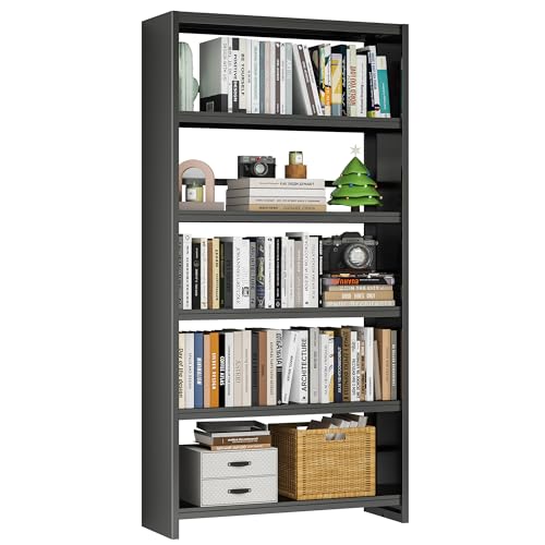 69" 5 Tier Metal Bookcase, Sturdy Storage Bookcase Book Stopper (Black) | Spacious Storage,Tool-Free Quick Assembly,Heavy-Duty All-Metal Build,Safe Anti-Fall Design - color: Black, size: Style2-34"W