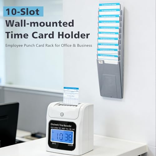 NADAMOO 10-Slot Time Card Holder, Wall-Mounted, Retractable and Expandable Plastic Punch Card Rack, Compatible with Time Clock and Attendance Recorder for Office Business, Grey.