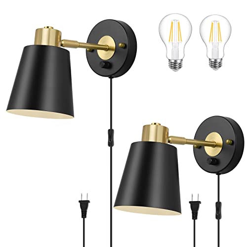 VATONI Wall Sconce Plug in, Dimmable Wall Sconces Adjustable Wall Lights with Plug in Cord and Dimmer On/Off Rotary Switch, Wall Mounted Light for Bedside Bedroom LivingRoom(2 Bulbs Included) - color: Black, size: 2 Pack - no Remote