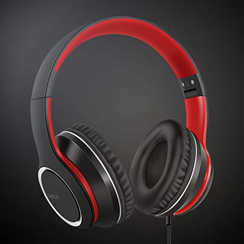 LORELEI X8 Over-Ear Wired Headphones with Microphone with 1.45m-Tangle-Free Nylon Line&3.5mm Plug,Lightweight Foldable & Portable Headphones for Smartphone,Tablet,Computer,Mp3/4(Black-red) - color: Black-red