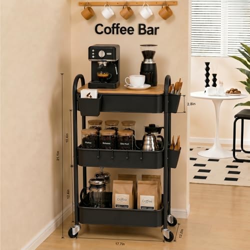 3 Tier Metal Heavy Duty Rolling Cart with Wheels & Wood Table Top, Black | Three-Tiered Organizer on Wheels, Storage Utility Cart for Craft, Art, Diaper Caddy, Baby Nursery, Office, Laundry,Snack,Book - color: Black