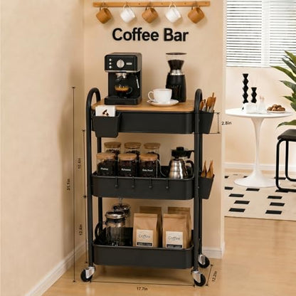 3 Tier Metal Heavy Duty Rolling Cart with Wheels & Wood Table Top, Black | Three-Tiered Organizer on Wheels, Storage Utility Cart for Craft, Art, Diaper Caddy, Baby Nursery, Office, Laundry,Snack,Book - color: Black