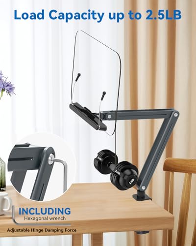 Desk Clamp Acrylic Book Stand for Reading, Ergonomic Design Adjustable Height up to 20 inches with Rotating Bases Cookbook Stand, Suitable for Recipe, Sheet Music, Tablet(Gray)