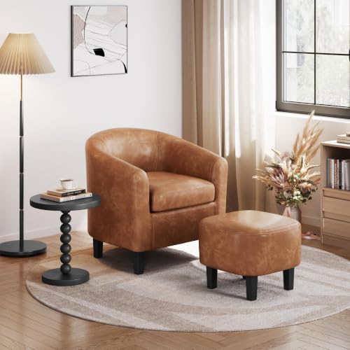 Yaheetech Accent Chairs with Ottoman, Faux Leather Barrel Chairs, Brown - color: Brown, size: Chair:25.5x 27.5 x 28''H Ottoman:18x 18.7x 15.7''H