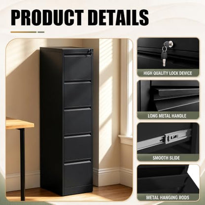 5 Drawer File Cabinet for Home Office, Vertical Filing Cabinet - color: Black, size: 64.2"H - 5 Drawer