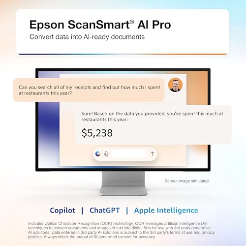Epson RapidReceipt RR-400W Wireless Compact Desktop Color 2-Sided Receipt & Document Scanner with ScanSmart AI PRO Receipt Management & PDF Software & 20-Page Auto Document Feeder (Renewed)