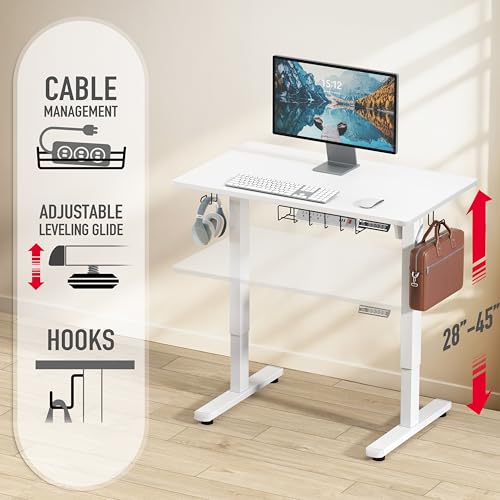 SHW 40 x 22 Inches Electric Height Adjustable Sit to Stand Desk, White | with Hanging Hooks and Cable Management, White Frame and White Top - color: White, size: 40-Inch
