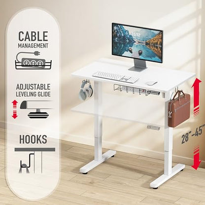 SHW 40 x 22 Inches Electric Height Adjustable Sit to Stand Desk, White | with Hanging Hooks and Cable Management, White Frame and White Top - color: White, size: 40-Inch