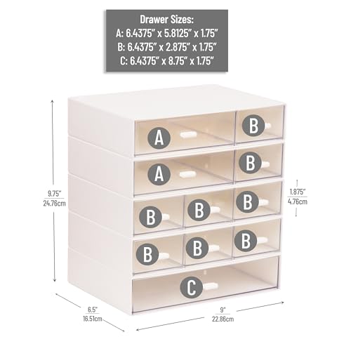 Mind Reader Stackable Craft Organizer with Drawers, Modular Storage Tower, Interlocking Design for Art Supplies, Office Supplies, Sewing, Beads, Plastic, Set of 5, White - color: White Stackable Organizer