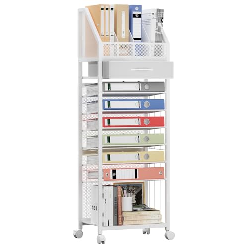 SWTYMIKI 9-Tier Rolling File Cart - Paper Organizer with Drawer and Trays, Wood Desk Office Organizer, Office Organization and Binder Storage for Workspace, Home, School, White - color: White, size: Standing Type