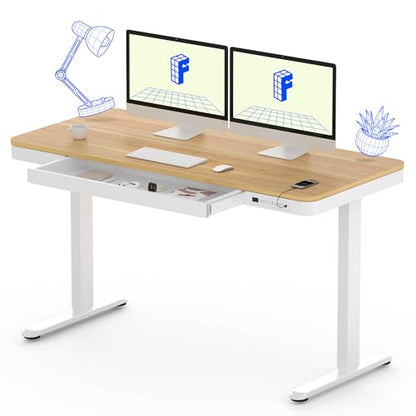 FLEXISPOT Comhar 55" Electric Standing Desk with Drawers, USB Charging Ports, Quick Assembly, Height Adjustable Sit Stand Computer Desk with Child Lock for Scandinavian Home Office, Maple - size: 55"Maple/White