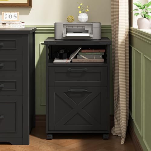 Halitaa Office Filing Vertical Cabinet with 2 Drawers, Black | Farmhouse Filing Cabinet with Open Storage Space, Wheels and Printer Stand for Hanging Files Letter/A4 for Home Office - color: Black, style: Vertical