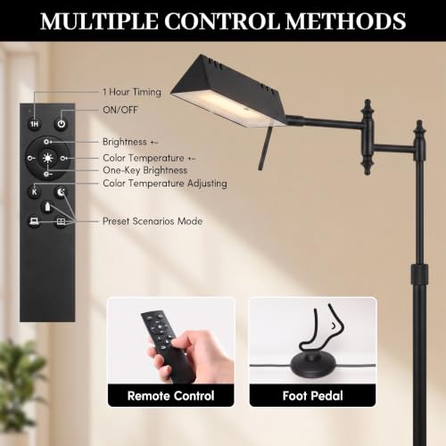 Bairth Black Reading Floor Lamp, Head 90°Rotatable Pharmacy Standing Lamp | 90°Rotatable Lamp Head 3 Color Temperature, Dimmable, 17W LED, Height Adjustable, 360°Swing Arm, Living Room, Bedroom, Craft - color: Black Upgraded