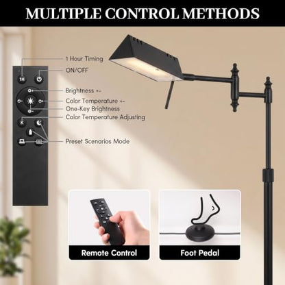 Bairth Black Reading Floor Lamp, Head 90°Rotatable Pharmacy Standing Lamp | 90°Rotatable Lamp Head 3 Color Temperature, Dimmable, 17W LED, Height Adjustable, 360°Swing Arm, Living Room, Bedroom, Craft - color: Black Upgraded