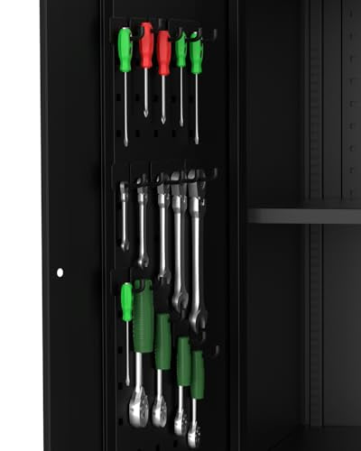 GarveeHome Garage Storage Cabinet with Wheels & Pegboard, 72 in H Locking Metal Storage Cabinet with 2 Doors & 4 Adjustable Shelves for Garage Workshop Home Office, Black