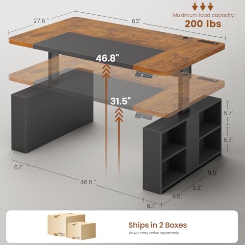 SEDETA 63" Executive Standing Desk with Storage, Executive Height Adjustable Desk with Power Outlets, Large Computer Office Desk with Privacy Panel for Home Office, Brown+Black - color: Rustic Brown