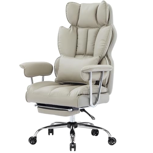 Efomao Big and Tall Office Chair 400lbs – High Back Executive Chair with Swivel Base, PU Leather Upholstery, Lumbar Pillow, Padded Armrests, and Rolling Wheels，Grey Computer Chair - color: 3008y Grey