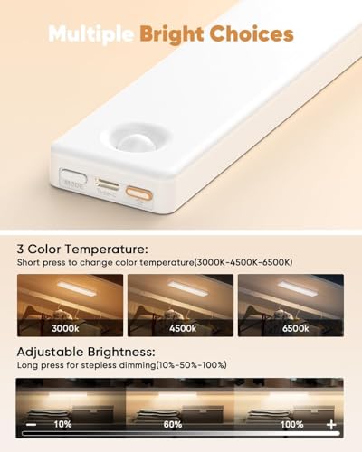 Under Cabinet Lighting, 3 Color Temperatures Motion Sensor Light Indoor 2 Pack, USB Rechargeable Battery Operated Closet Lights, Wireless Dimmable LED Cabinet Lights, Under Counter Light for Kitchen