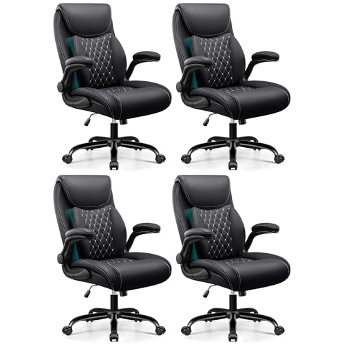 BESTFAIR Office Chair, Ergonomic Computer Desk Chairs with Lumbar Support for Lower Back Pain Relief, Executive Leather Home Chair Comfy with Padded Flip-up Armrests, Black, 4-Pack - color: Black, size: 4 Pack