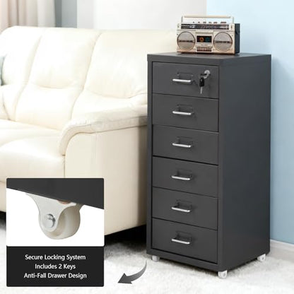 Vertical File Cabinet, 6 Drawer Black Metal File Cabinet with Lock for Office Under Desk Storage – Filing Cabinet on Wheels, Removable Multi Drawer Cabinet for Home Dresser, Black