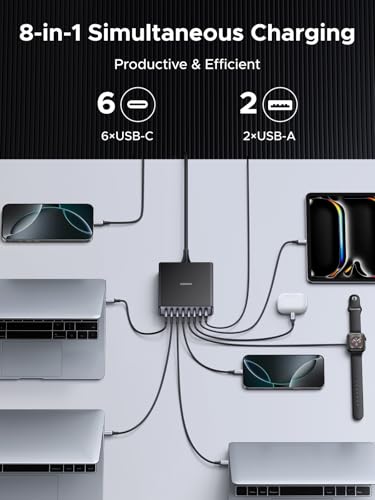 UGREEN Nexode 200W GaN USB C Charging Station, 8-Port Desktop Charger with PD 100W for MacBook Pro 16"/Air, Dell XPS, iPad Pro, iPhone 17/16/15, Galaxy S25/S24, Pixel 10/9