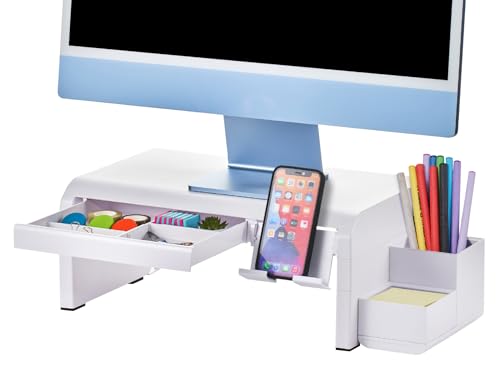 Bostitch Konnect Adjustable Monitor Riser with Drawer, Cell Phone Stand & Pencil Holder, Laptop Stand for Desk, 4 Height Levels, Cable Management & Rubber Feet - color: White, style: Deluxe Laptop Stand Kit