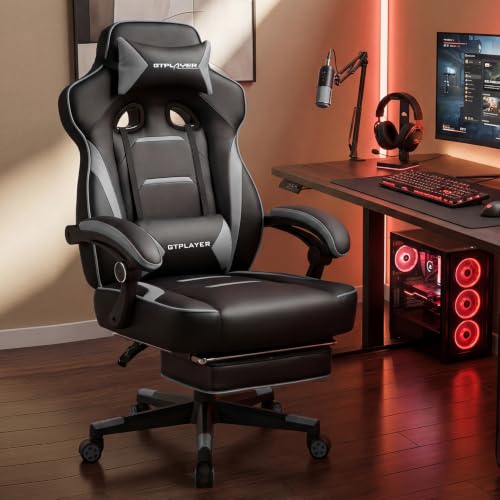 GTPLAYER Gaming Chair with Footrest, 350LBS Big and Tall Office Chair, Ergonomic High Back Lumbar Support and Recliner for Back Pain Relief, Moon Gray - color: Moon-gray