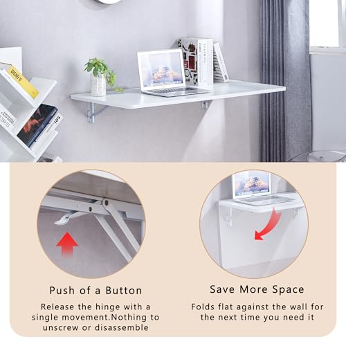 Laundry Room Folding Table Wall Mounted White MDF Fold Down Desk for Small Spaces Garage Shed Home Office Kitchen Bar Durable 100 lb Capacity Space Saving