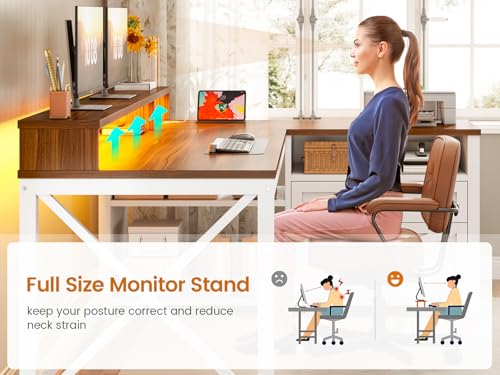 SEDETA Farmhouse L Shaped Desk, 55" Home Office Desk with Drawers and Storage Shelves, L Shaped Gaming Desk with LED Lights, Power Outlet and Monitor Shelf, Brown - color: Brown