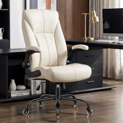 Big and Tall Office Chair for Heavy People, 400LBS High Back Extra Wide Executive PU Leather Office Chair with Flip-Up Armrests, Quiet Rubber Wheels, Comfortable Home Office Desk Chair (White) - color: White - Rubber Wheels