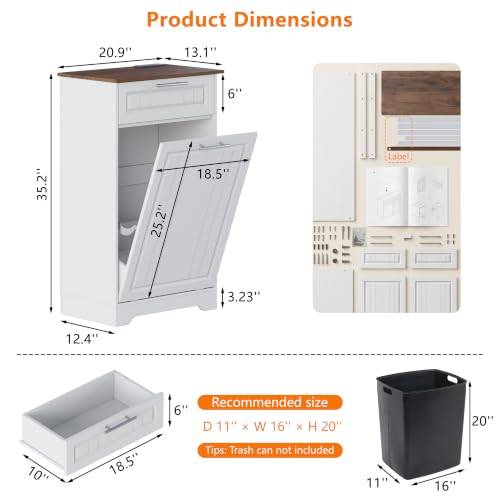 Single 10 Gallon Tilt Out Trash Can Cabinet with Deodorizing Function, Wooden Hidden Garbage Can Holder with Storage Drawers for Kitchen and Dining Room, Laundry Hamper Cabinet for Bathroom, White - color: White, size: 13.11"D x 20.91"W x 35.2"H(Single)