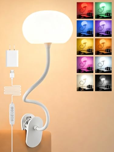 Clip on Lamp, 10 RGB Colors+10 Brightness Clip on Desk Lamp for Dorm Lamp | 800 lm Bright Clip on Light, USB Adapter Clamp Light, Reading Light for Bed/Headboard/Bedside Table/Bedroom/Kids Room/College