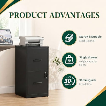 2 Drawer File Cabinet with Lock, 25.6" H Small File Cabinet | Metal Vertical File Cabinet for Home Office, Fits Letter/Legal/A4/F4 Files, Require Assembly, 25.6"H x 17.7"D x 15"W, Black - color: Black, size: 25.6"H - 2 Drawer