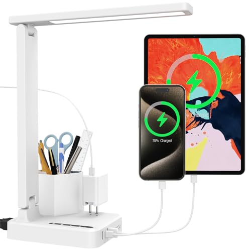 LED Desk Lamps for Dorm Office with USB C Charging Station, 800lm, CRI>90 - color: White