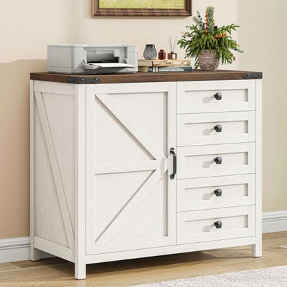 Vabches 5 Drawer Storage Cabinet, Rustic White Office Storage Cabinet | Office Storage Drawer with Door and Adjustable Shelf, Large Farmhouse Printer Stand for Home Office, Rustic White