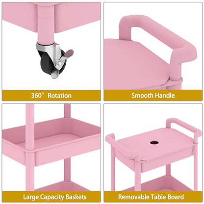 MIOCASA Utility Rolling Cart with Cover Top Board, 3-Tier Kitchen Storage Organization, Art Cart with Wheels for Office, Classroom, Livingroom, Kitchen, Bathroom, Pink, Plastic - size: 3-Tier, style: Pink
