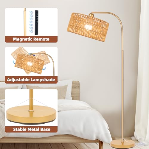 Gold Floor Lamps, Boho Floor Lamp for Room,Farmhouse Rattan Standing Lamps | Remote Control Rattan Standing Lamp with 9W Bulb, Adjustable 2-in-1 Lampshades, Arc Floor Lamp Over Couch - style: Cylinder-Gold