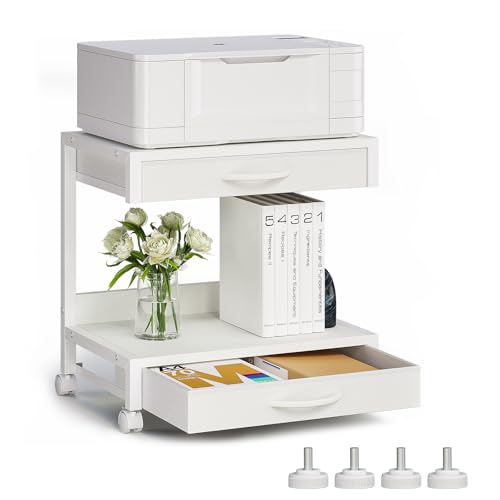 VENNQD 2-Tier Desktop Printer Stand with 2 Fabric Drawers, Prtiner Table with Storage Shelf, Desk Organizer for Home Office,3D Printer,Fax Machine,Scanner (White, 2 Tier) - color: White