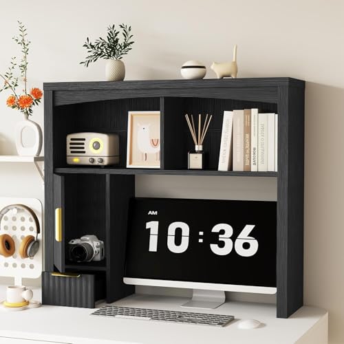 Desk Hutch Shelf | Bookshelf 2-Tier Wood Hutch Bookcase Organizer with Drawer Dorm Table Shelves Desk Shelf Office Bookshelf with Storage-Black - color: Black, size: 37"