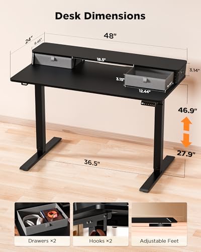 FiCiHi 48x24 Inch Electric Standing Desk, 2 Drawers, Adjustable Height Desk - color: Classical Black, size: 48"x24" (Standard)