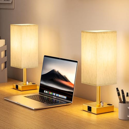 Gold Bedside Table Lamps Set of 2 - Dimmable, USB C+A, 2 AC Outlets | Stepless Dimmable by Rotary Knob, 3000K LED Bulbs Included, Square Cream Linen Shade, Nightstand Lamp for Living Room, Desk - color: Gold