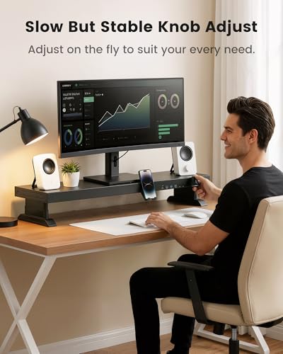 Height Adjustable Dual Monitor Stand Riser with 6-Port USB Hub, Black | Fits Dual 27" Monitors, Charge & Sync Multiple Devices, Ergonomic Height, Solid Steel Material, Cable Management, Quick Setup